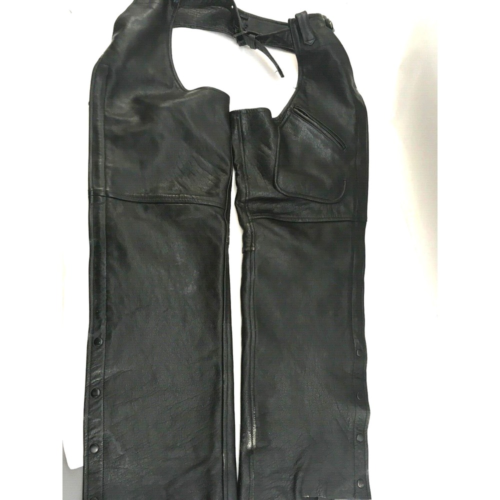 Leather King Motorcycle Chaps Black Leather Mens Large Pockets Heavy Supple - Picture 8 of 8